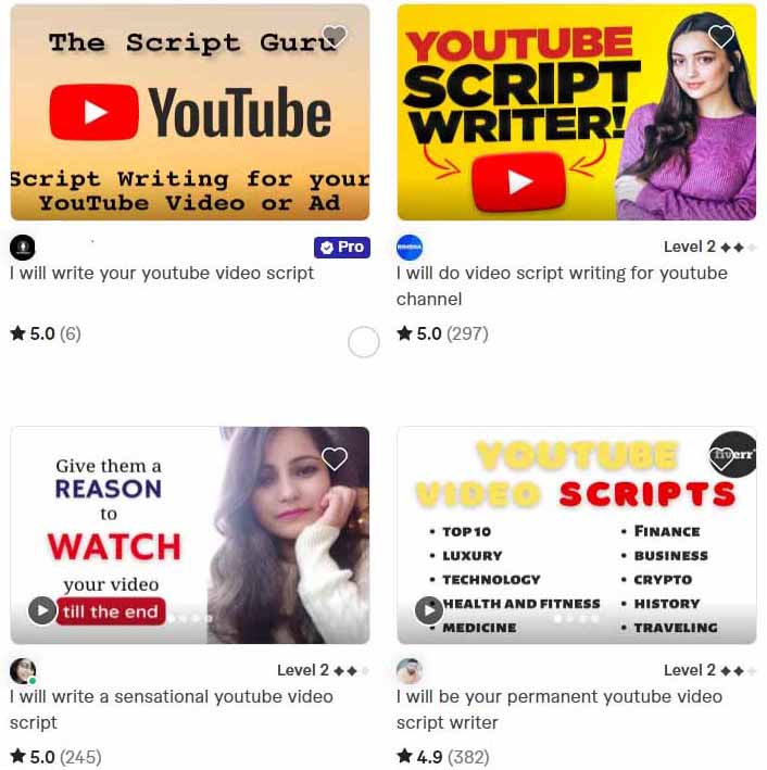 Picture showing YouTube scriptwriters on Fiverr.com