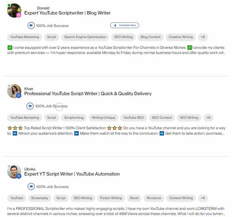 Picture showing YouTube scriptwriters on Upwork.com